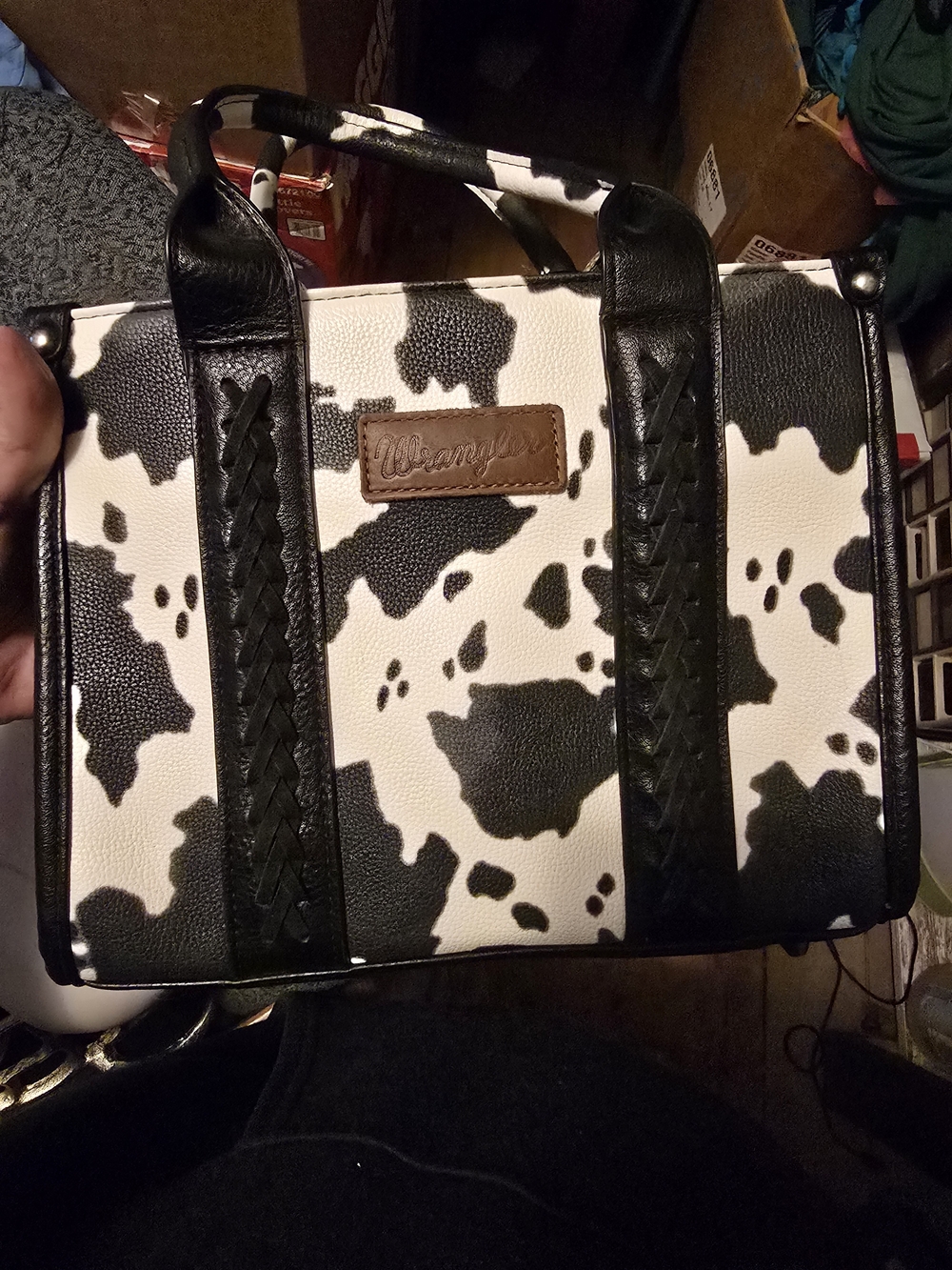 Wrangler Black and White Cow-Print Satchel with Braided Trim